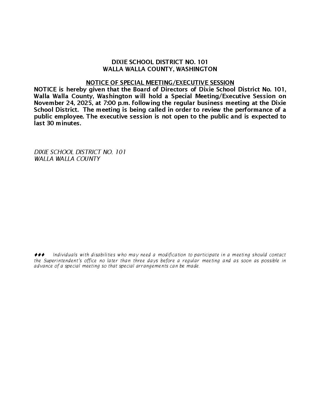 BOARD AGENDA - SPECIAL MEETING-Executive Session